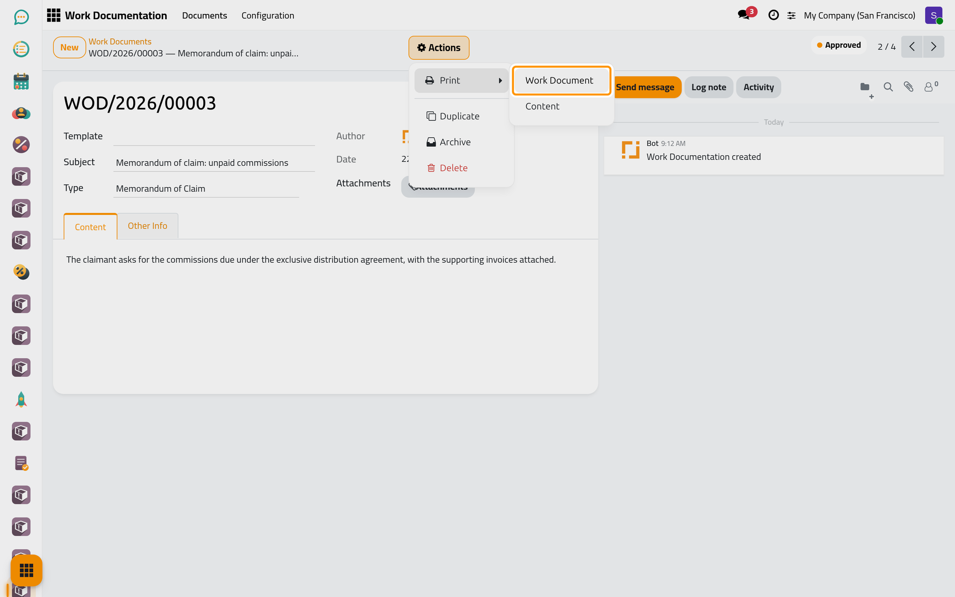 The two printouts of a document sit under Print in the Actions menu.