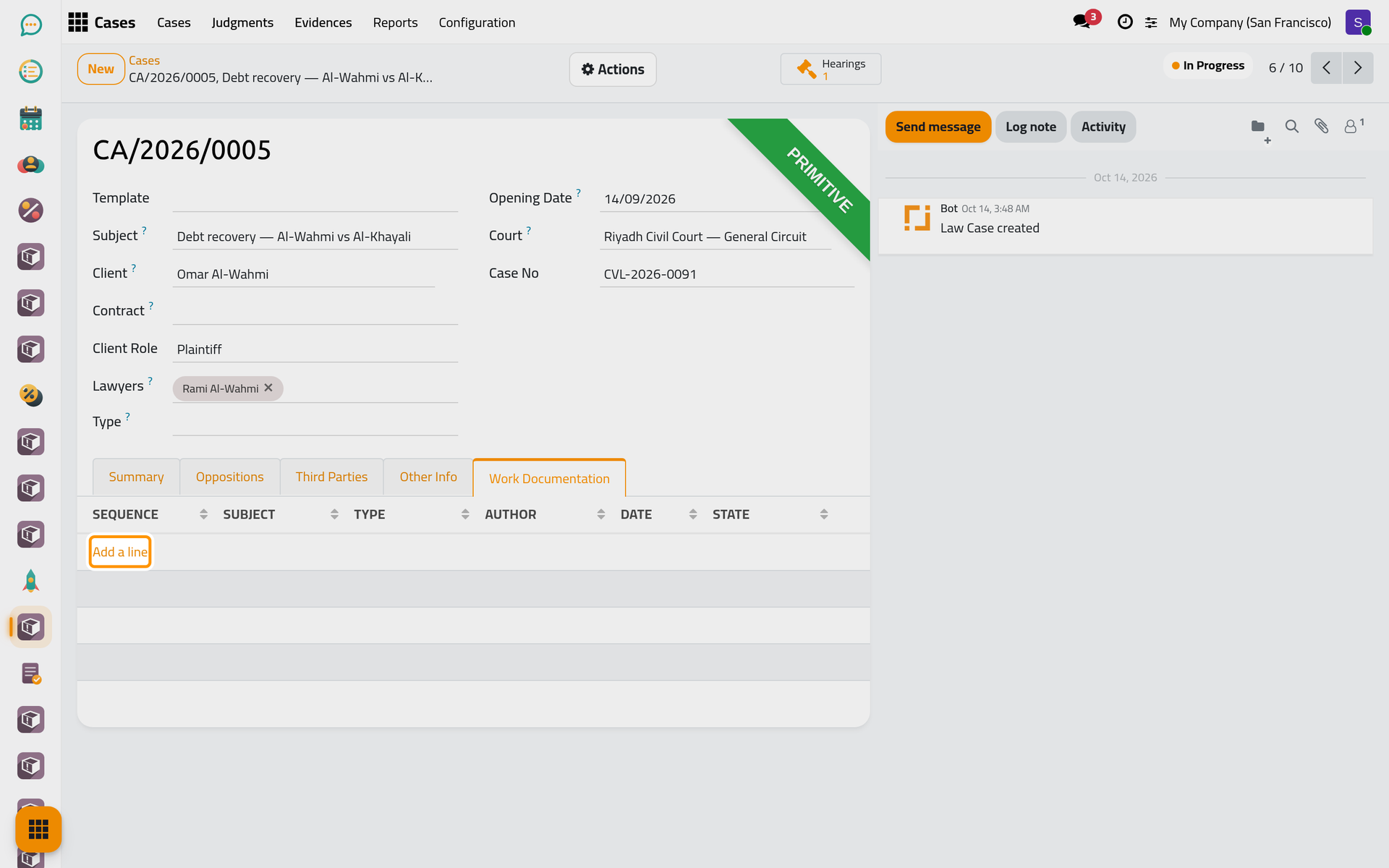 The Work Documentation tab of a case; Add a line writes a document for it.