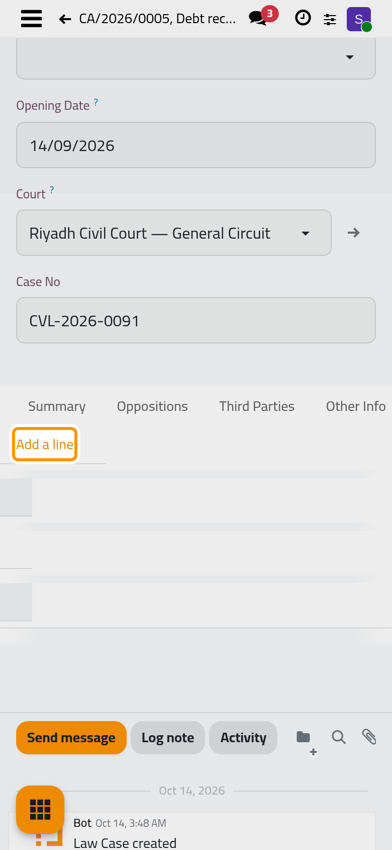 The Work Documentation tab of a case; Add a line writes a document for it.