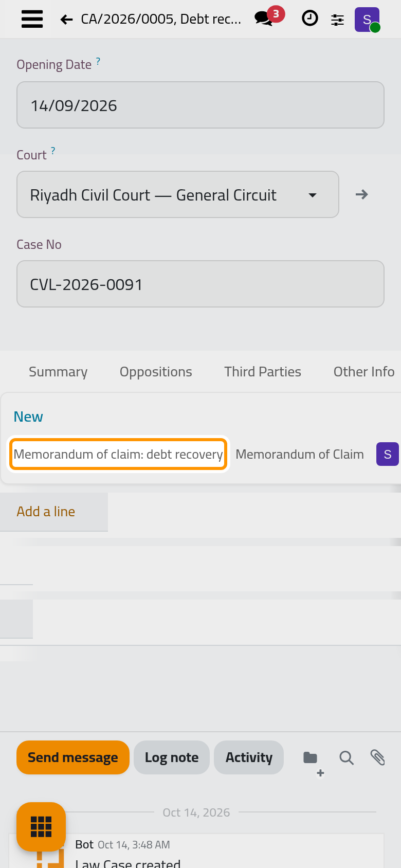 The new document in the tab of the case, with its status.