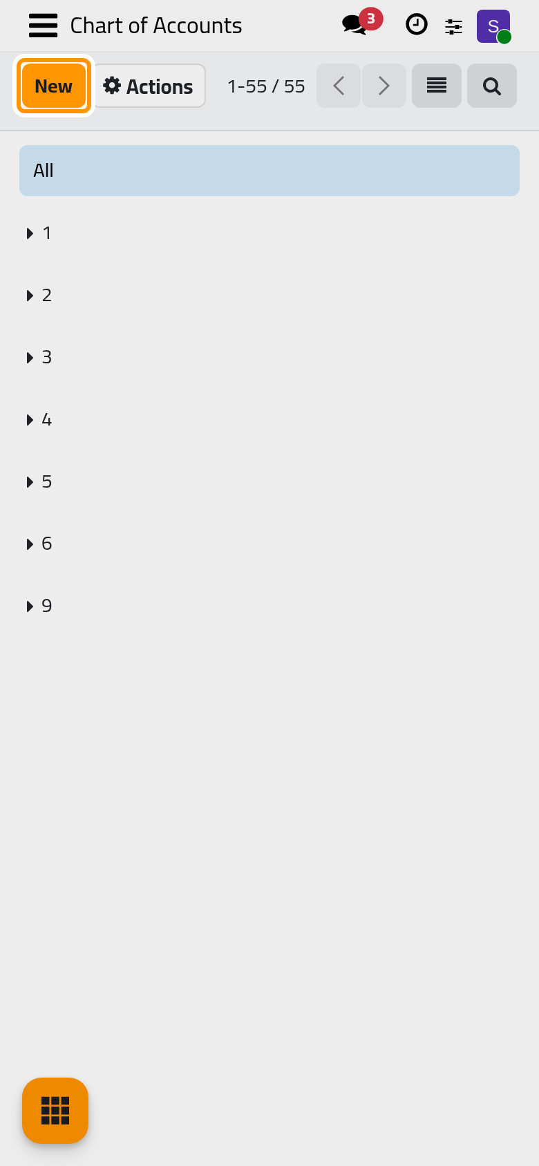 The chart of accounts; New adds an account.
