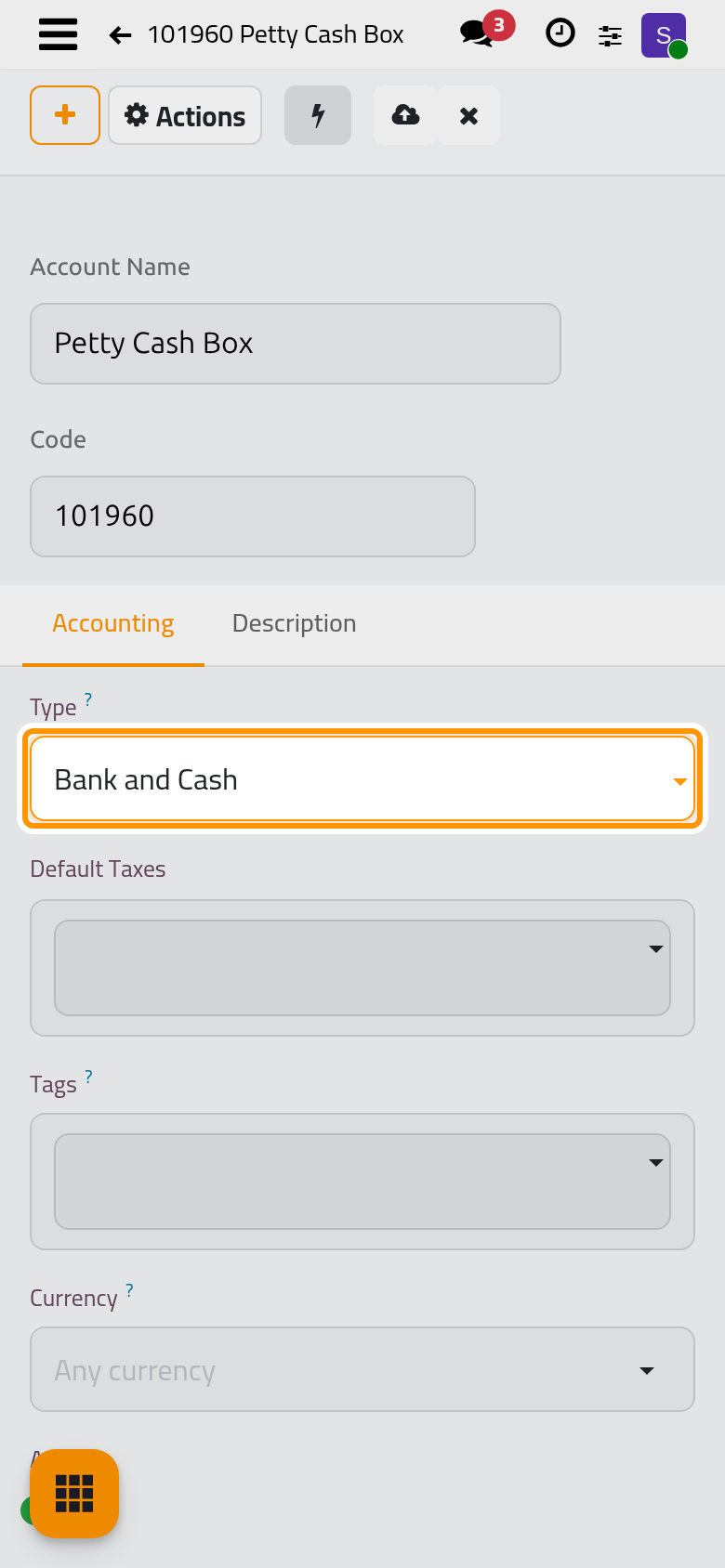 A new account with its code, its name and its type.