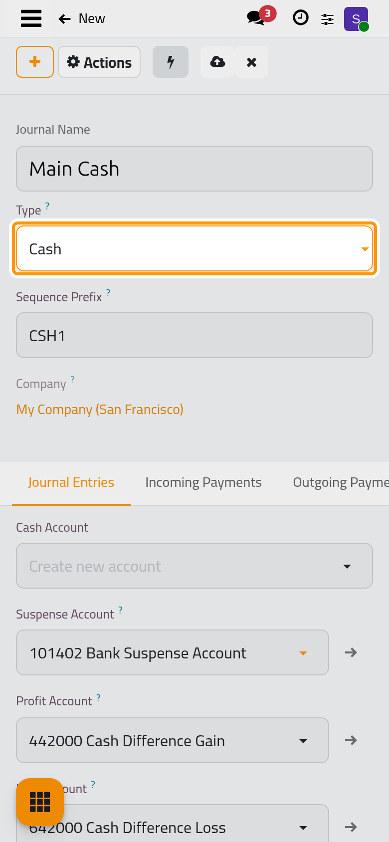 The type says which entries the journal records; Cash for a cash box.
