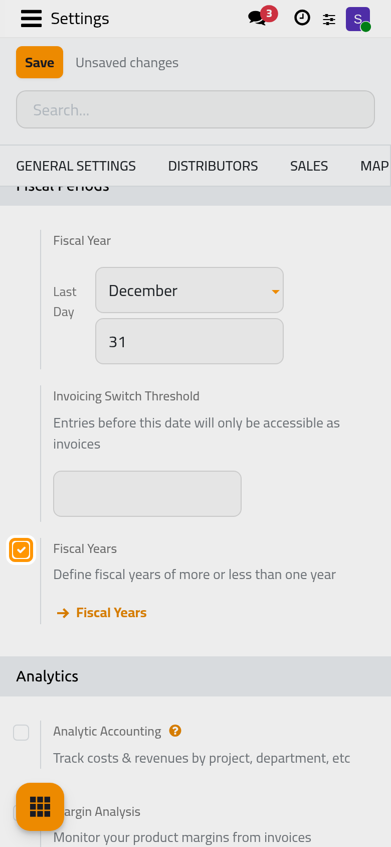 The Fiscal Year group of the settings, with Last Day and the Fiscal Years option.