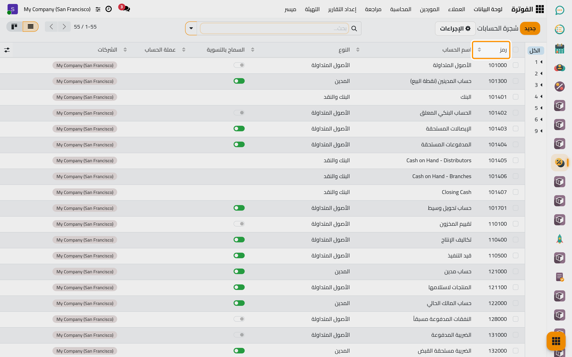 شجرة الحسابات مع رمز كل حساب واسمه ونوعه.