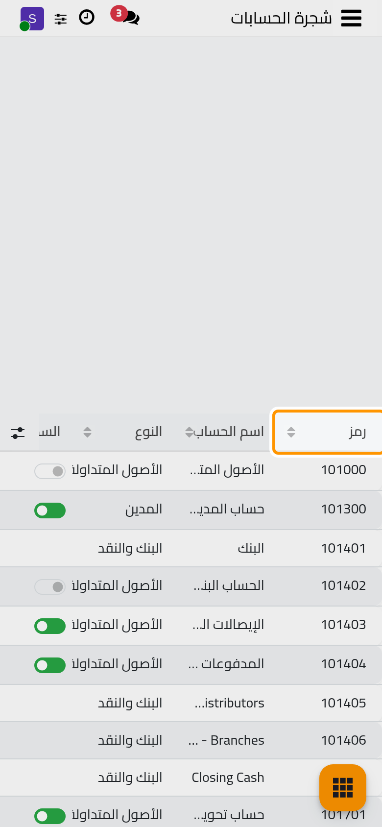 شجرة الحسابات مع رمز كل حساب واسمه ونوعه.
