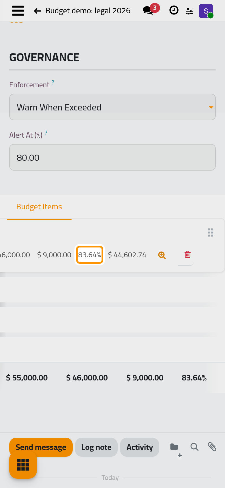 The budget in service; the line reads its actual amount from the posted entries and shows the consumption.