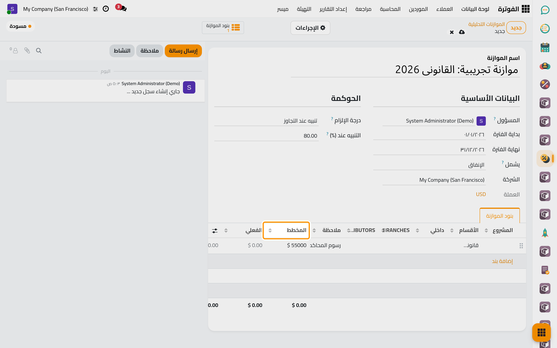بند موازنة واحد، قسم قانوني بمبلغه المخطط وملاحظة.