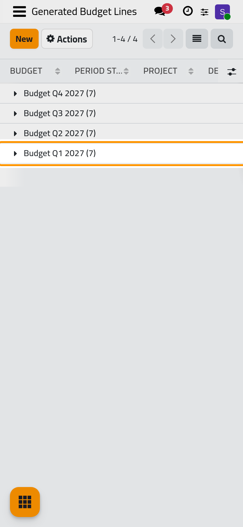 The generated lines, grouped by budget, one budget per quarter of 2027.