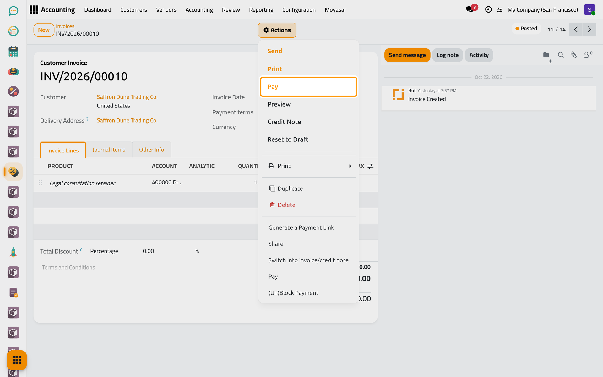 Pay is in the Actions menu of a confirmed invoice that is not fully paid.