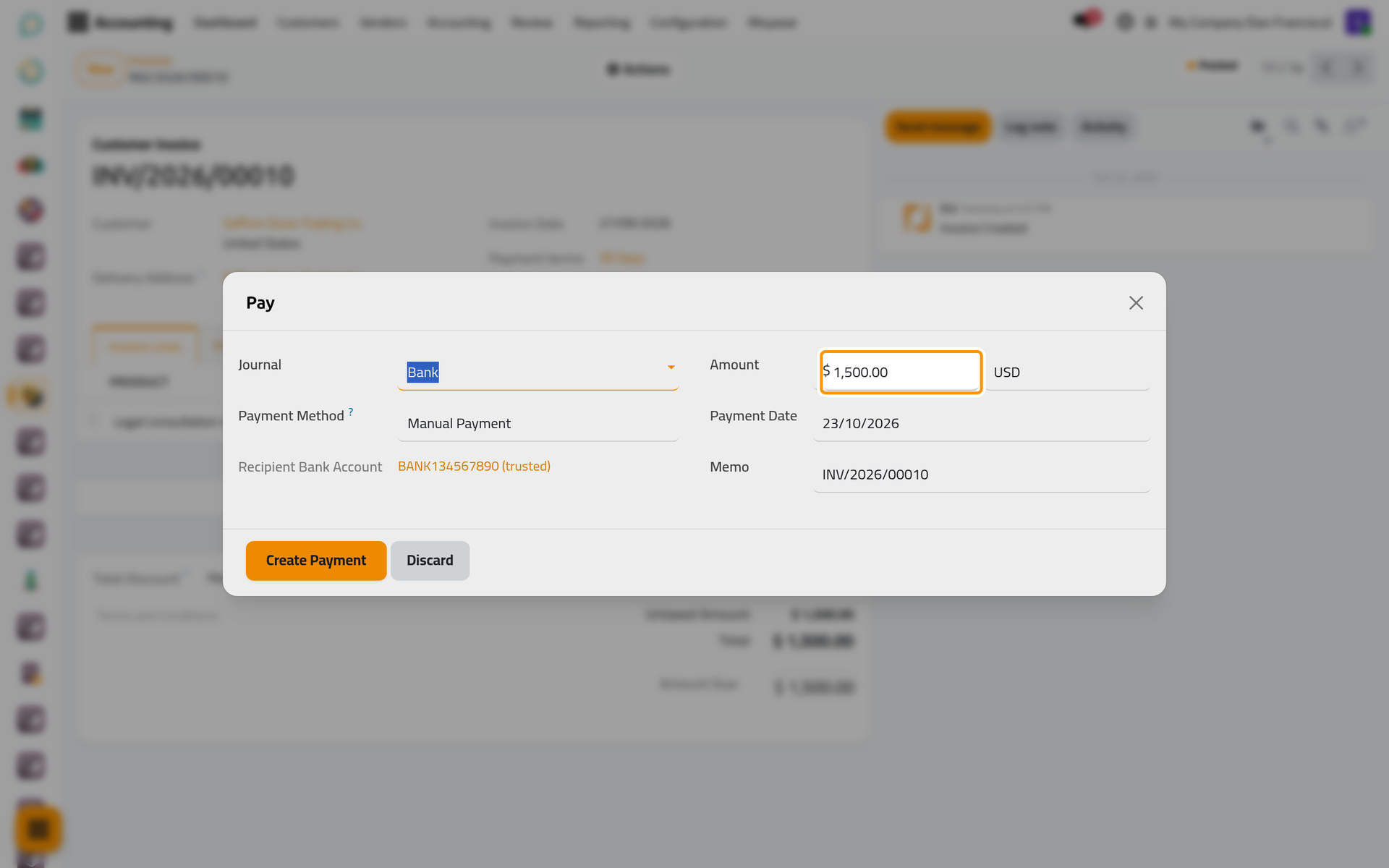 The amount due is proposed; a lower amount records a partial payment.