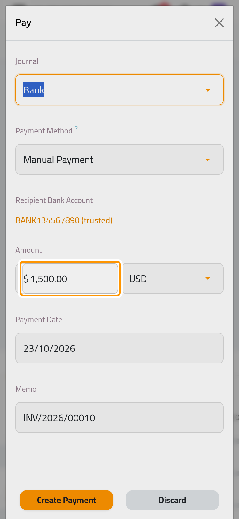 The amount due is proposed; a lower amount records a partial payment.