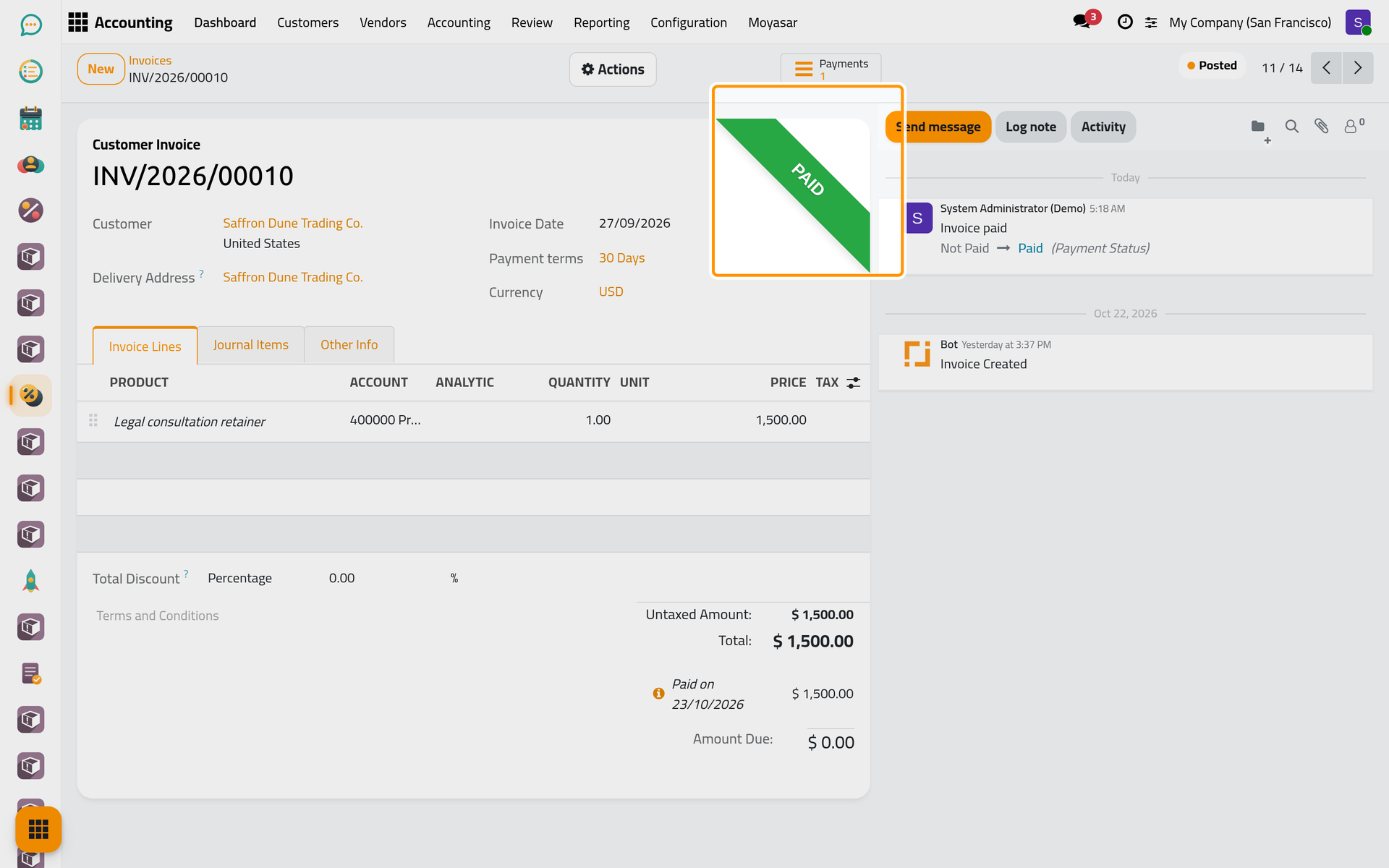 The invoice shows Paid and the payment under its totals.