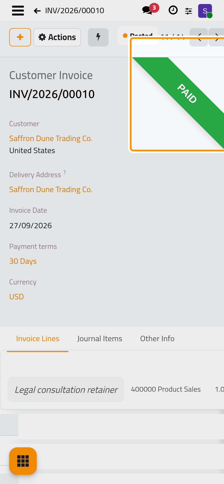 The invoice shows Paid and the payment under its totals.