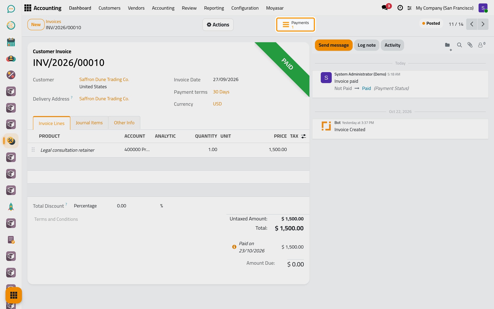 The Payments button opens the payments of the invoice.